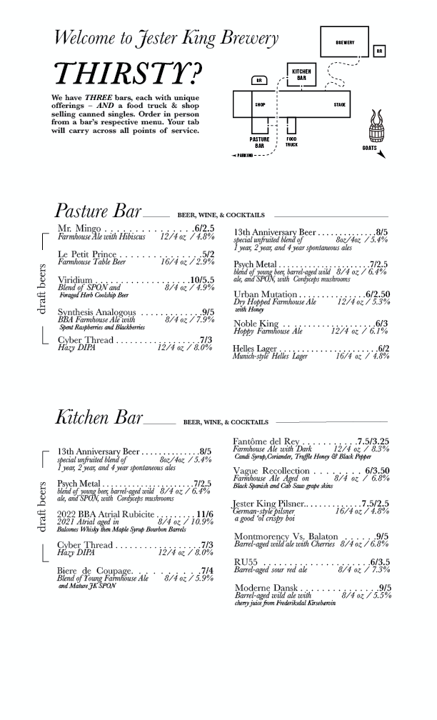 Jester King Brewery Tasting Room & Kitchen Menus